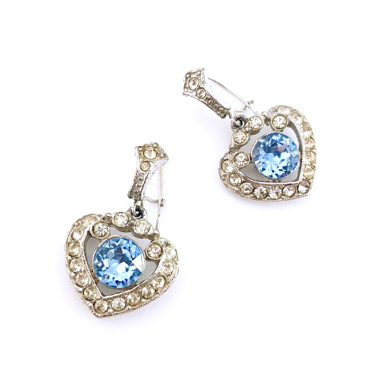 Vintage Albion Heart Earrings Blue Rhinestone Pavé Silver Tone 1930s – 1950s