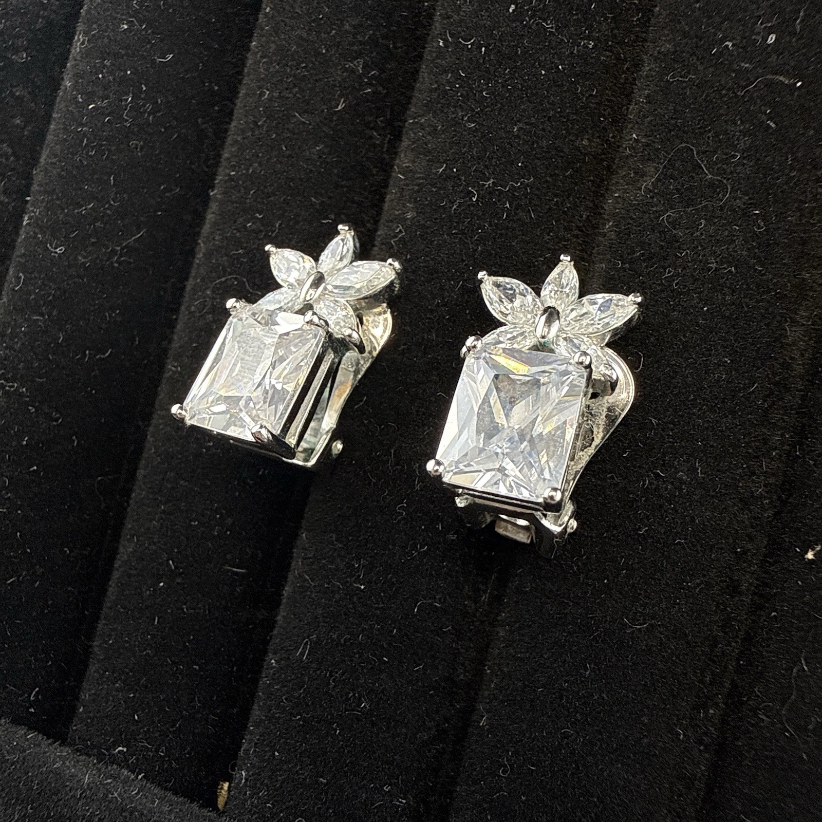 Nolan Miller Earrings Rhinestone Silver Emerald Cut Crystal CLIP ON Cocktail