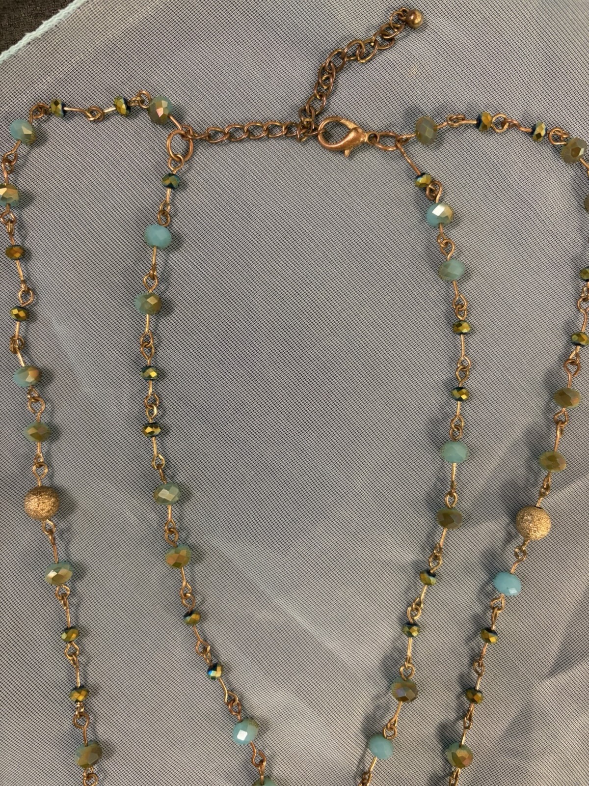 Vintage Rosary Style Choker Necklace 20” Blue Crystal + Gold Stardust Earrings