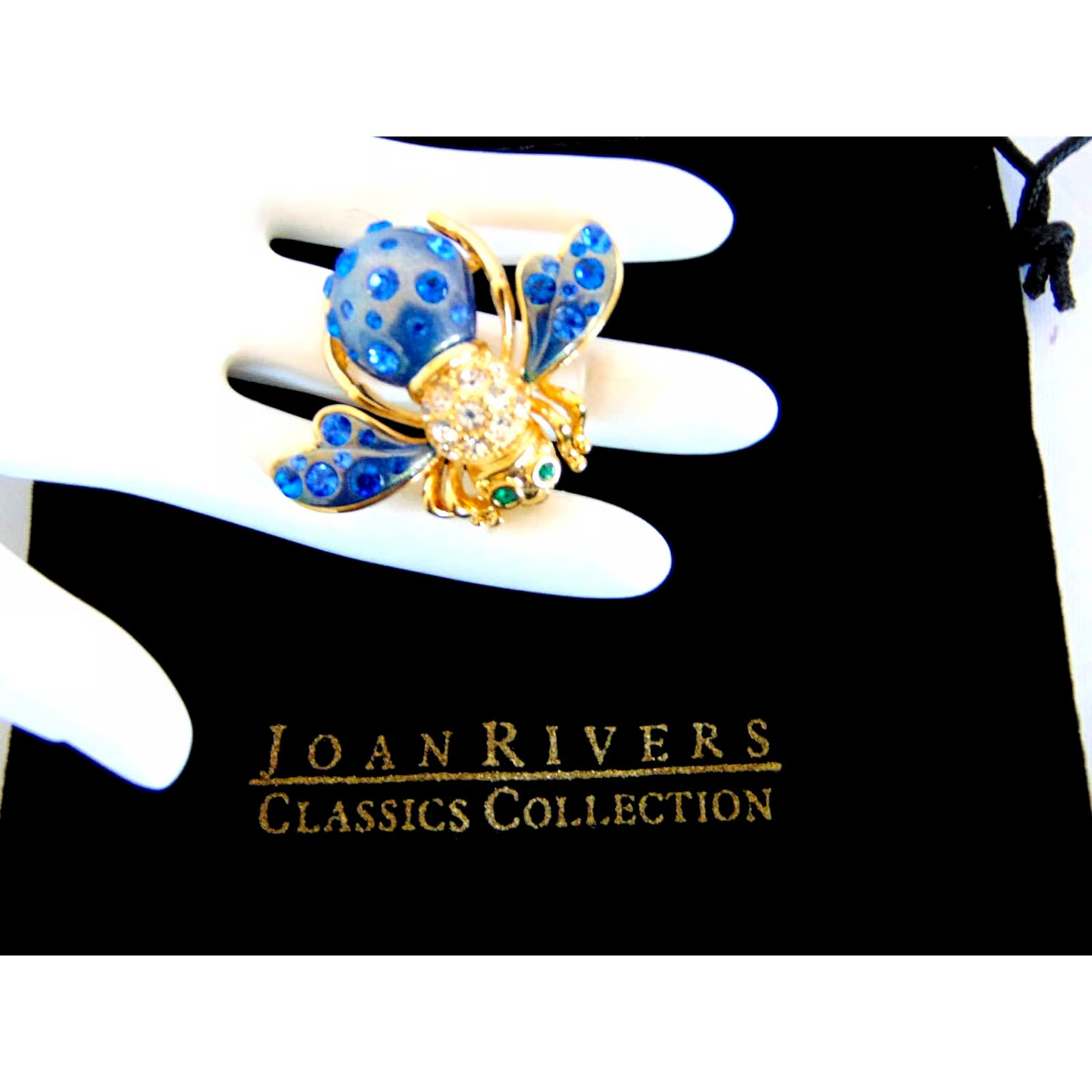 VTG Joan Rivers Blue Crystal COSMIC BEE PIN Brooch Enameled Gold Green Eyes