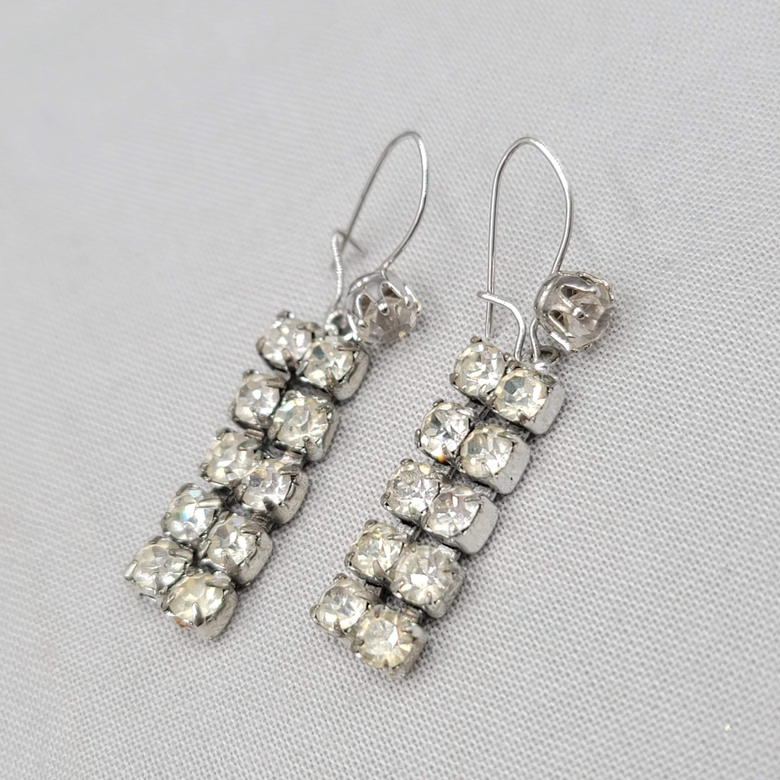 Vintage Removable Rhinestone Pierced Earrings Hook Silver tone Dangle 1″