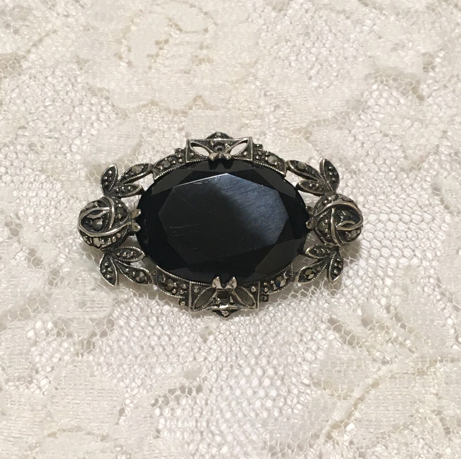 Vintage Sterling Silver Black Onyx Brooch Victorian Revival Romantic Germany