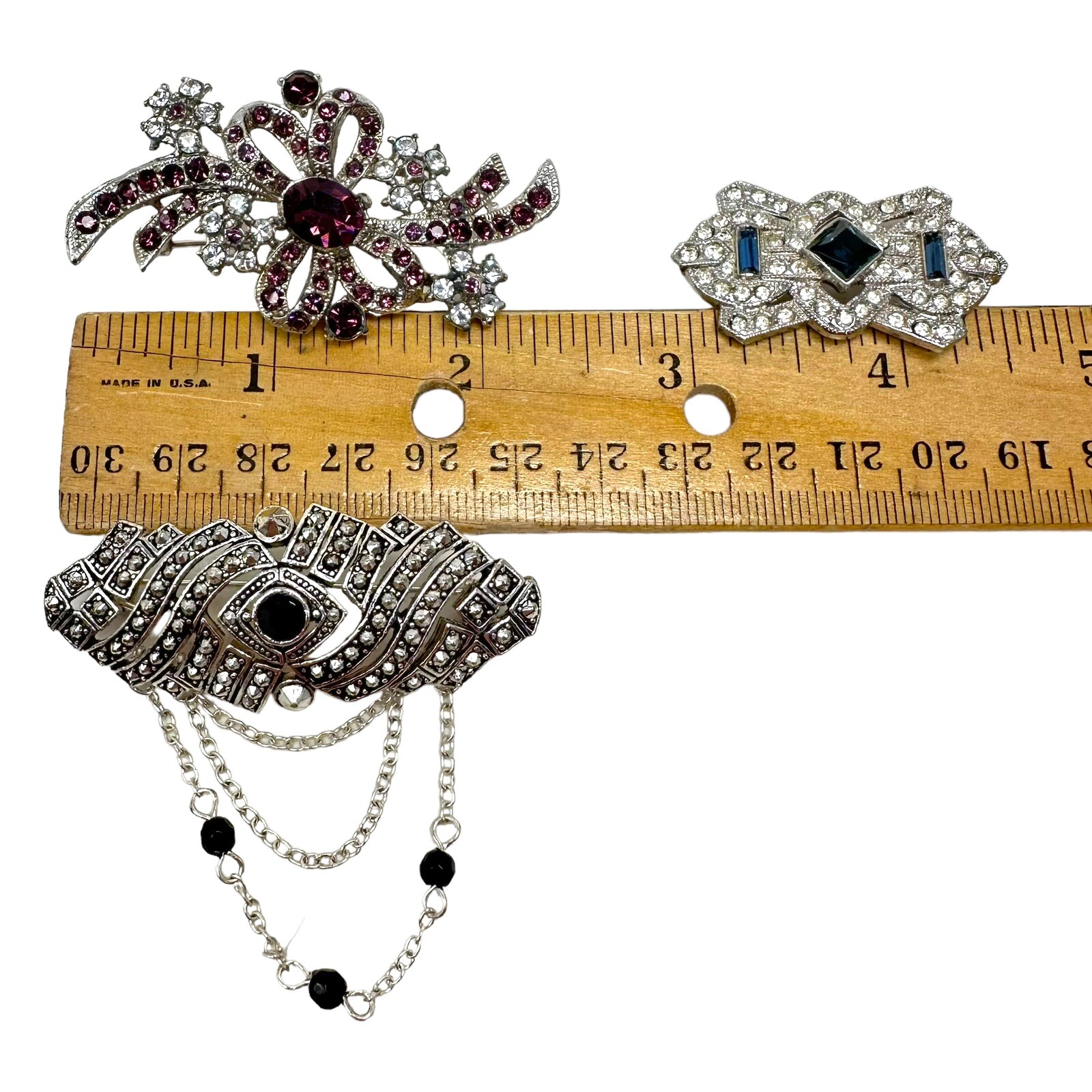 Vintage Lot Of 3 Silver Tone Rhinestone Brooch Pins Purple Blue Dangle