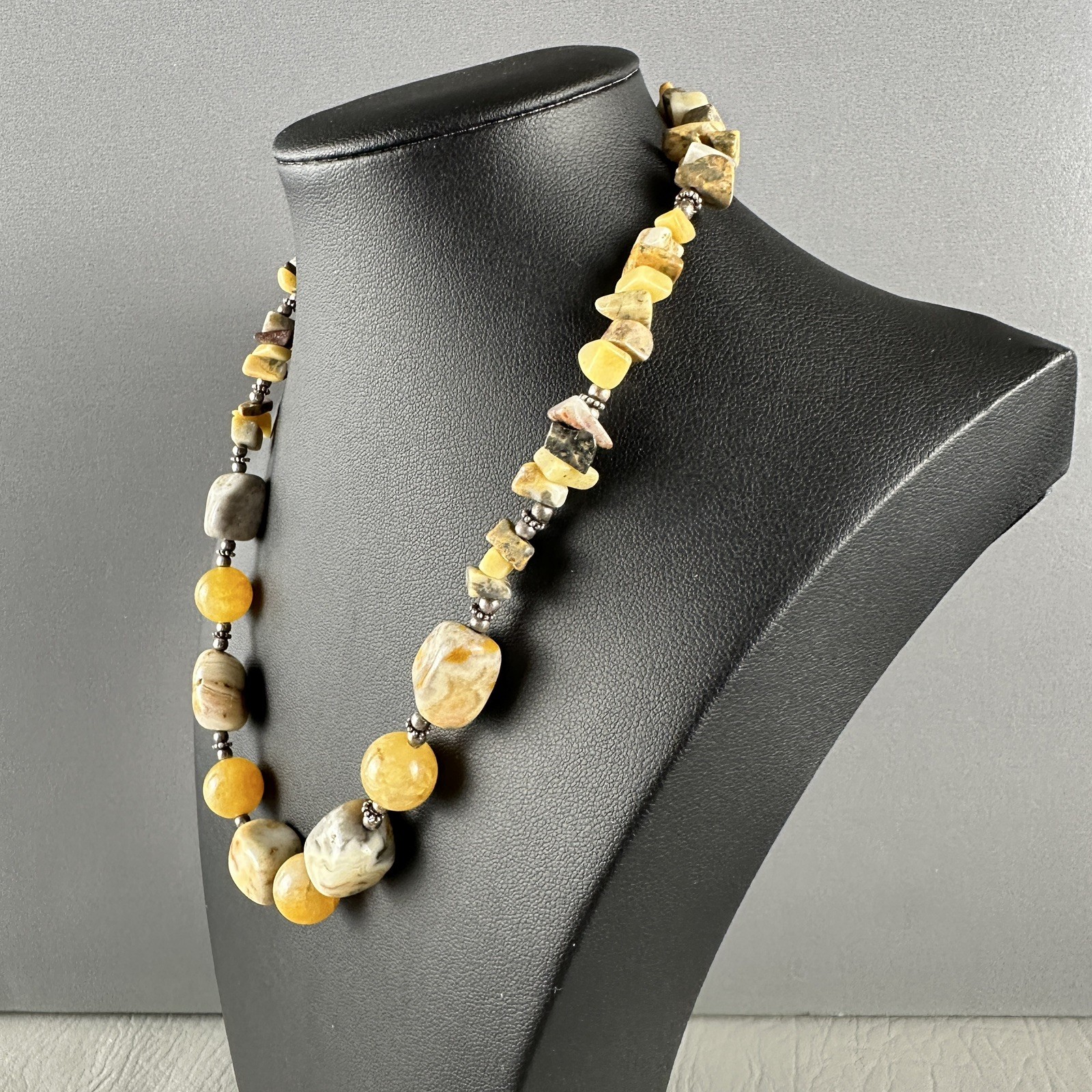 Vintage CW Sterling Silver Stone Bead Necklace Yellow Gray 16″