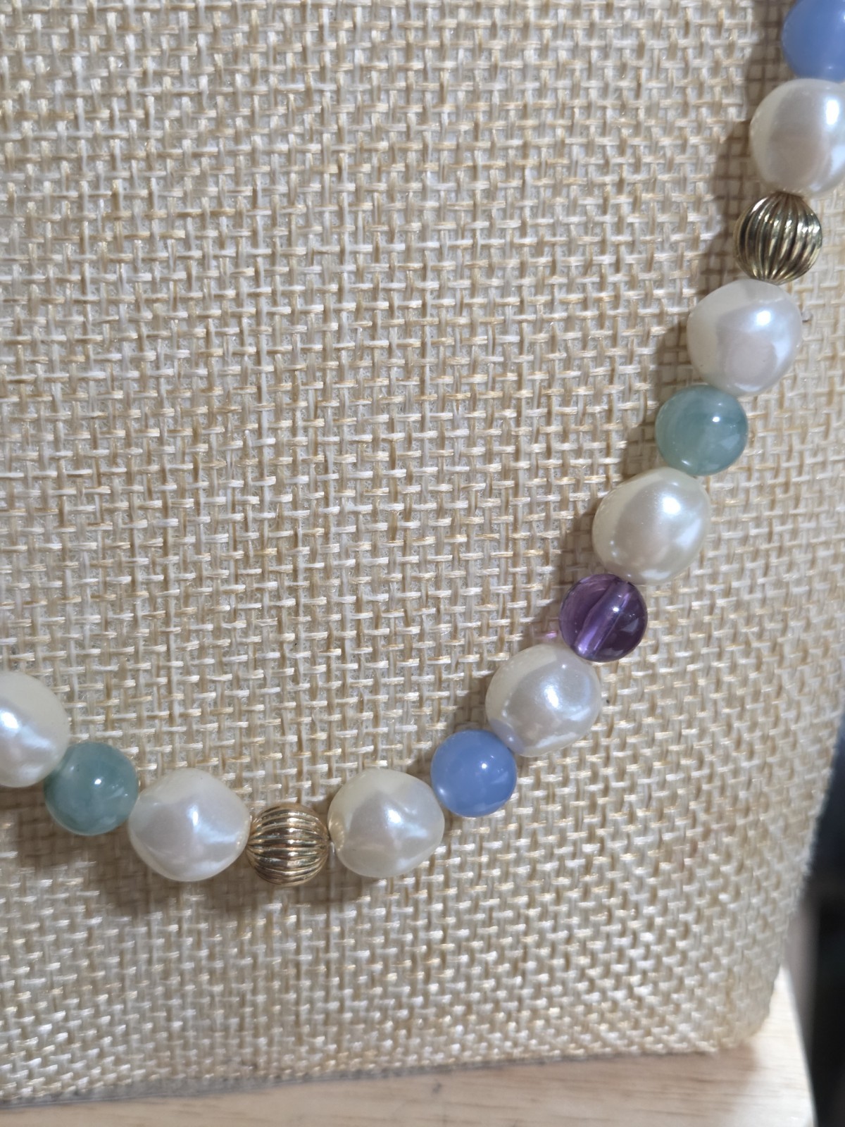 34″ Opera Faux Pearl Blue Green Purple Bead Gold Tone Necklace Barrel Clasp