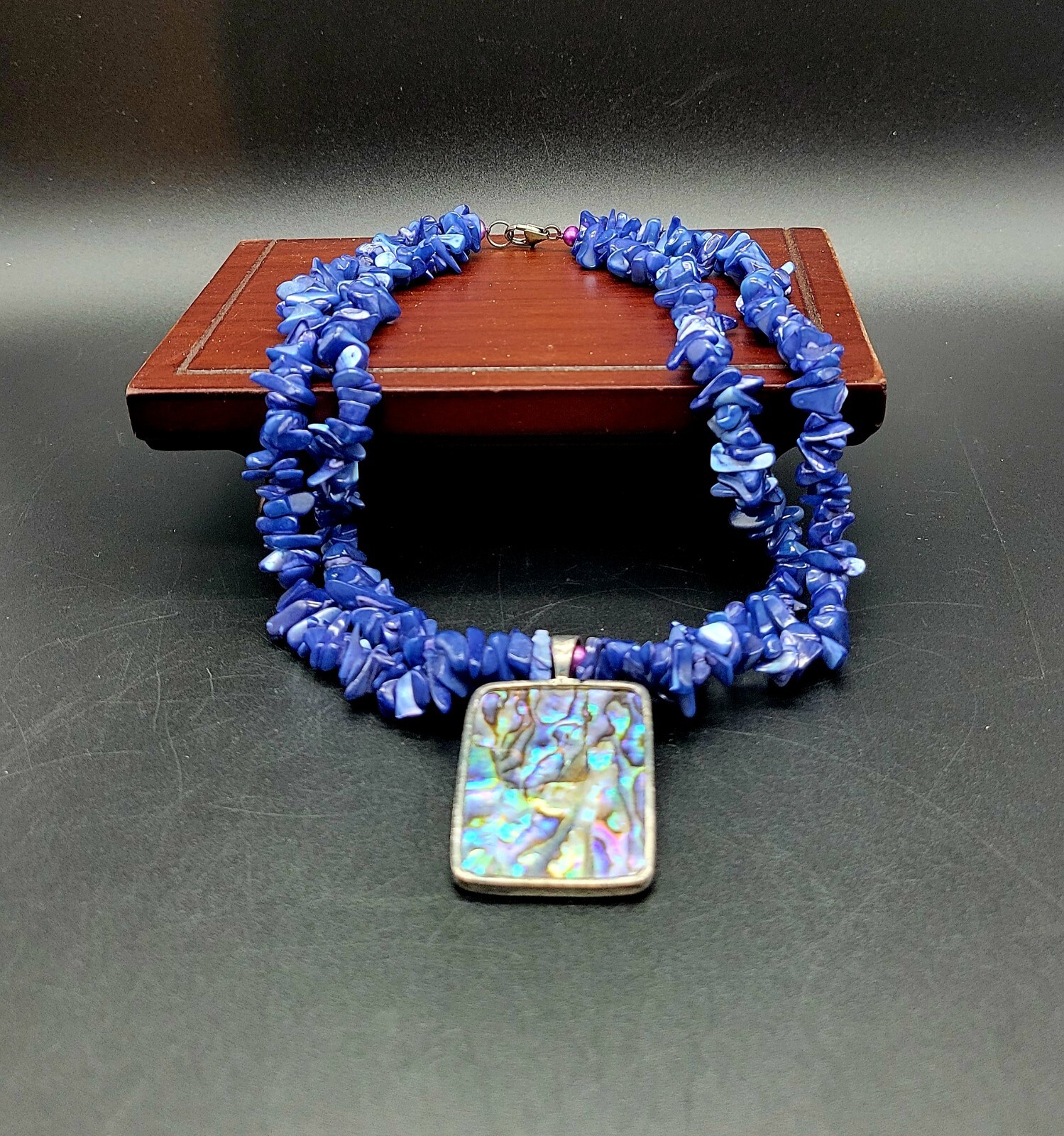 Double Strand Lapis Lazuli w/ Sterling Silver & Abalone Shell Pendant 16″