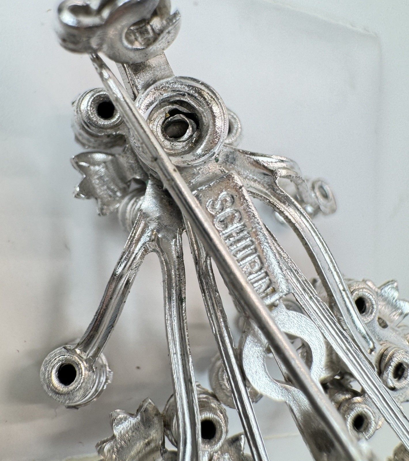 VTG Schurin Rhinestone Bouquet Brooch Pin Silver Tone Floral Spray Signed