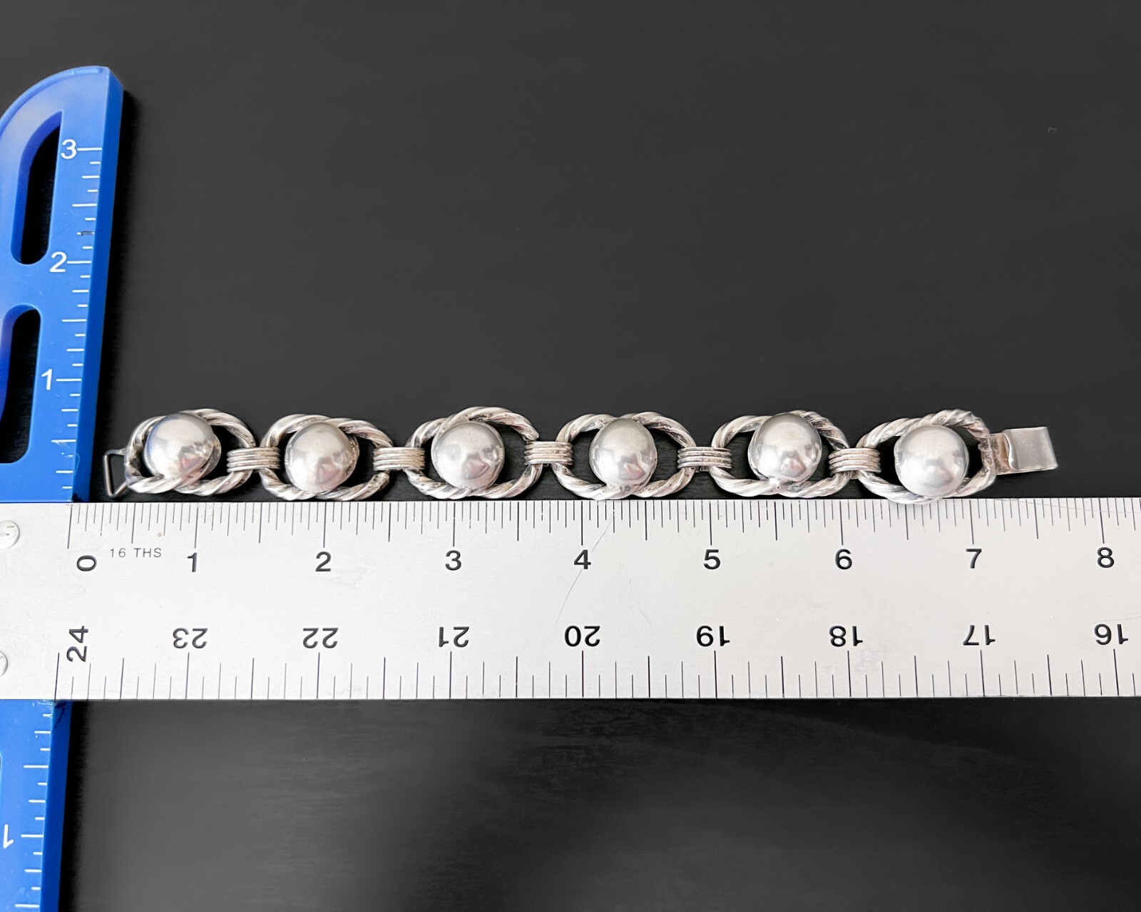 55g Sterling Vtg Modernist Bead Ball Wire Cable Dome Design Panel Link Bracelet