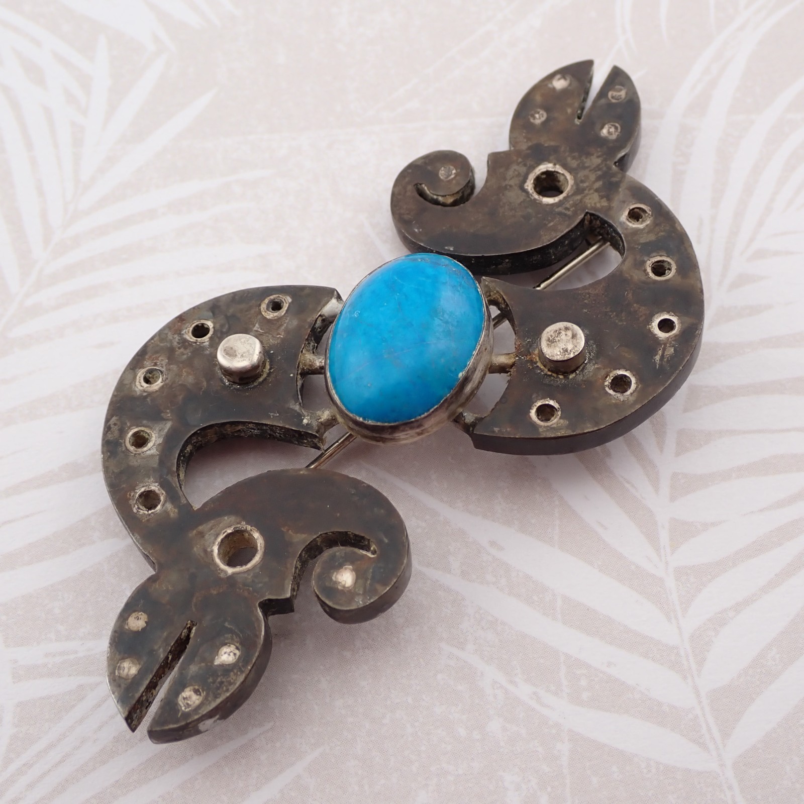 VTG MR Industrial Brutalist Turquoise Silver Mixed Metal Figural Creature Brooch