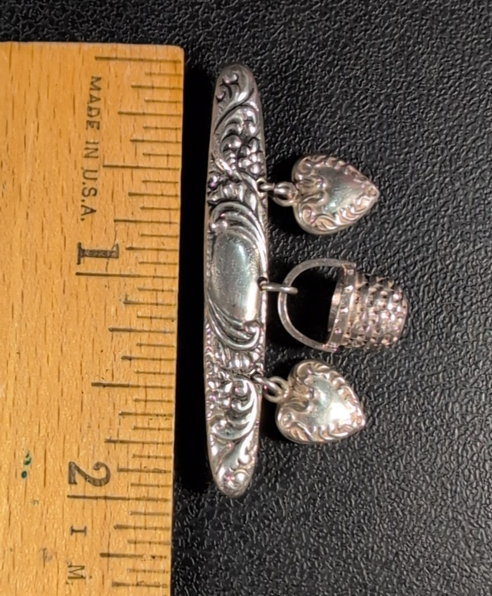 Bar Brooch Flowers &Scroll Design – Hearts and Basket Dangles – Sterling – Vtg