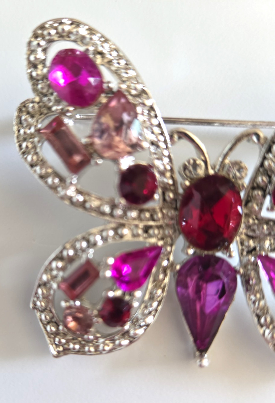 SilverTone Pink Purple Rhinestone GEM Sparkling Shimmering Butterfly Brooch Pin
