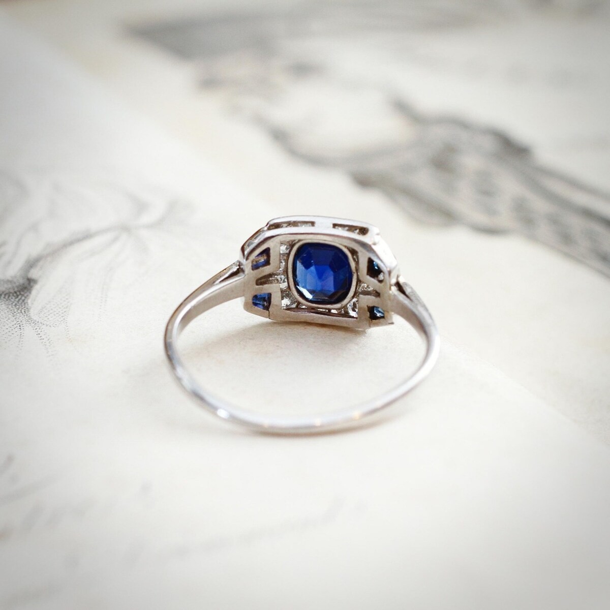 1Ctw Blue Cushion Bezel Set Art Deco Style Engagement Ring 925 Sterling Silver