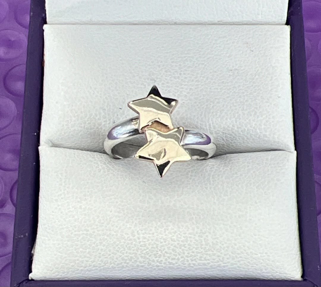 Sterling Silver & 14k Gold Woman Lady Fashion Ring W/ 2 Stars Sz 5″-3.31g-Tested