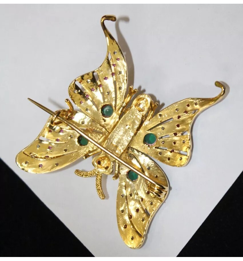 2.40ct Rose Cut Diamond Ruby Emerald Pearl 925 Silver Butterfly Brooch Pin