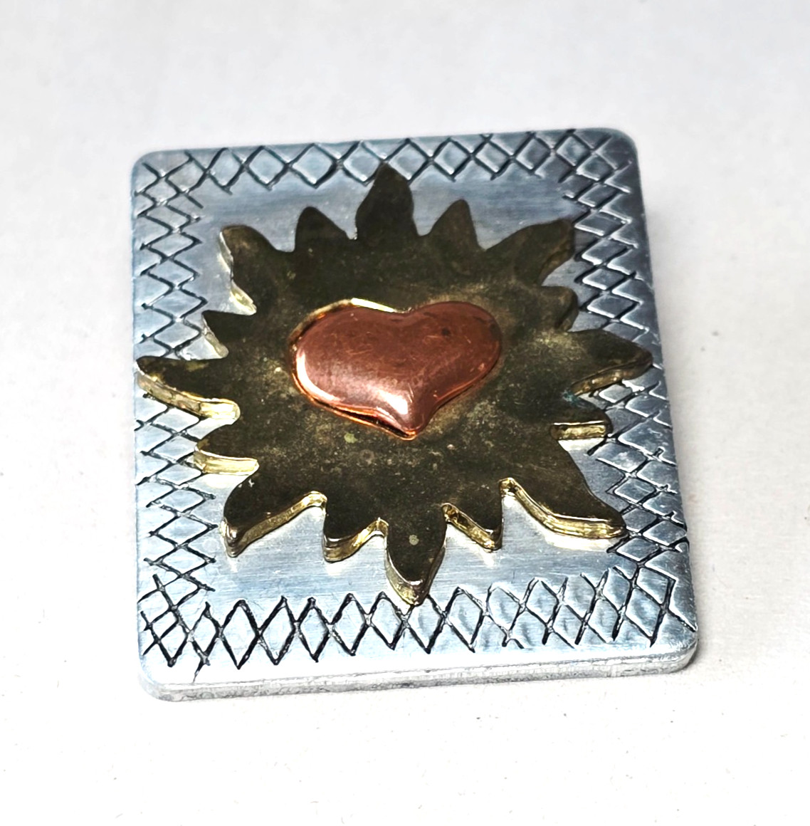 Vintage Handcrafted Sunburst Heart Brooch Mixed Metal Safety Bar Clasp