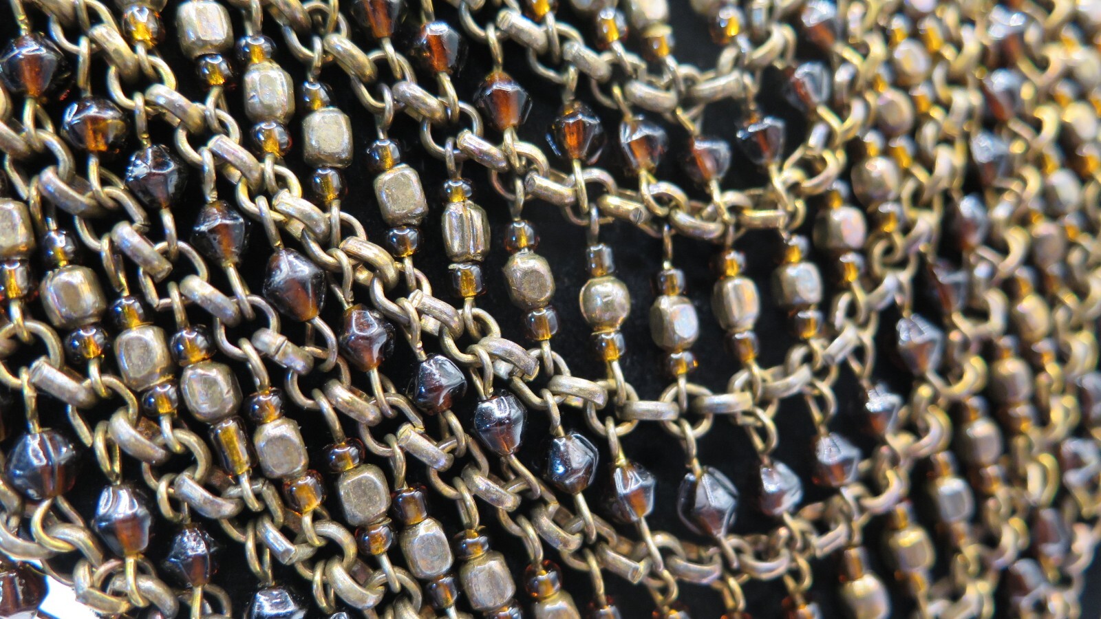 Vintage Collar Beaded Necklace- Brown Beads and Bronze Tone Chain