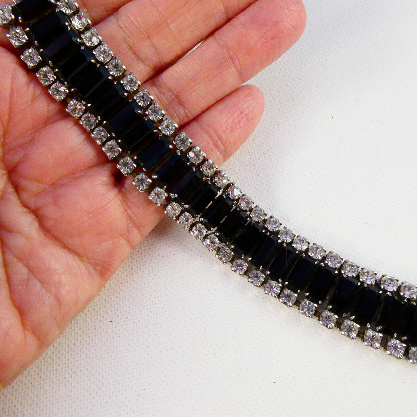Vintage Black & Clear Rhinstone Bracelet 60’s Bling Jewelry Pretty
