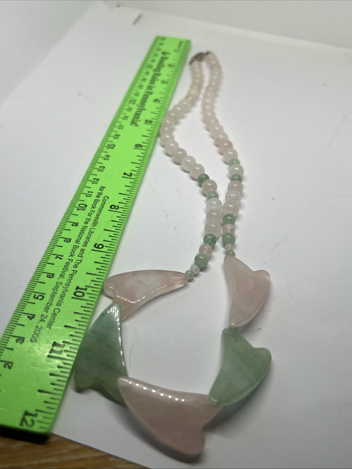 Beautiful Gemstone Pink & Green Beaded Heart Shaped Pendant 24” Necklace
