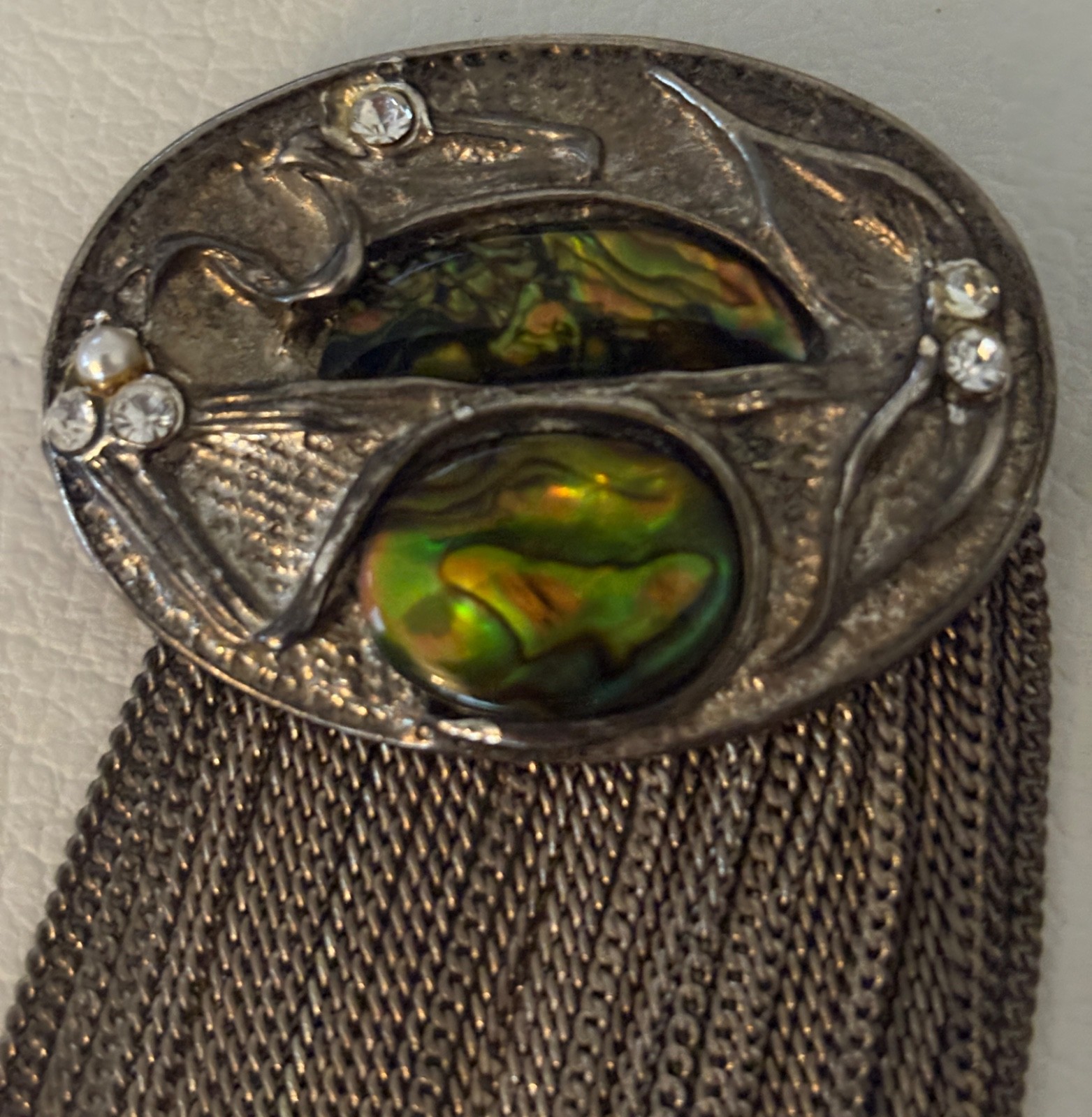 Vintage Unsigned Abalone SilverTone Fringe Chain Brutalist Statement Brooch