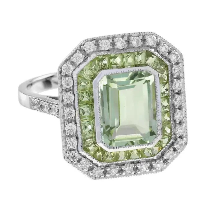 Art Deco Style Lab Created Diamond Green Amethyst Peridot 14K White Gold FN Ring