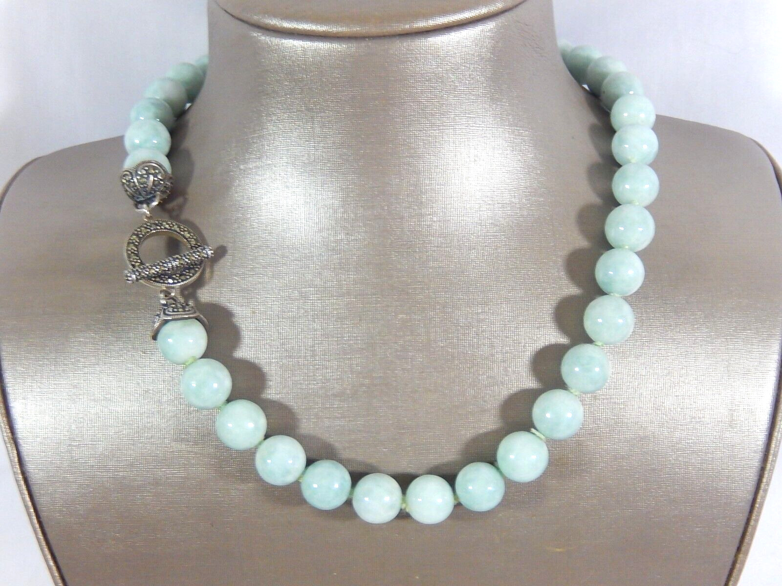 VTG FINE QUALITY AMAZONITE 12mm BEAD HAND KNOTTED NECKLACE W 925 MARCASITE CLASP
