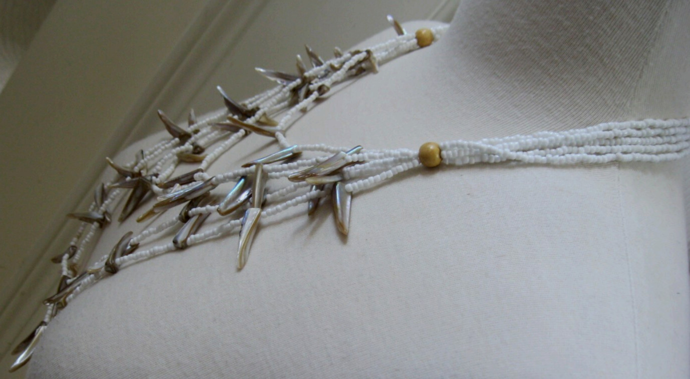 Vintage Multi Strands Necklace Abalone Shell, White Milk Glass & Wooden Beads