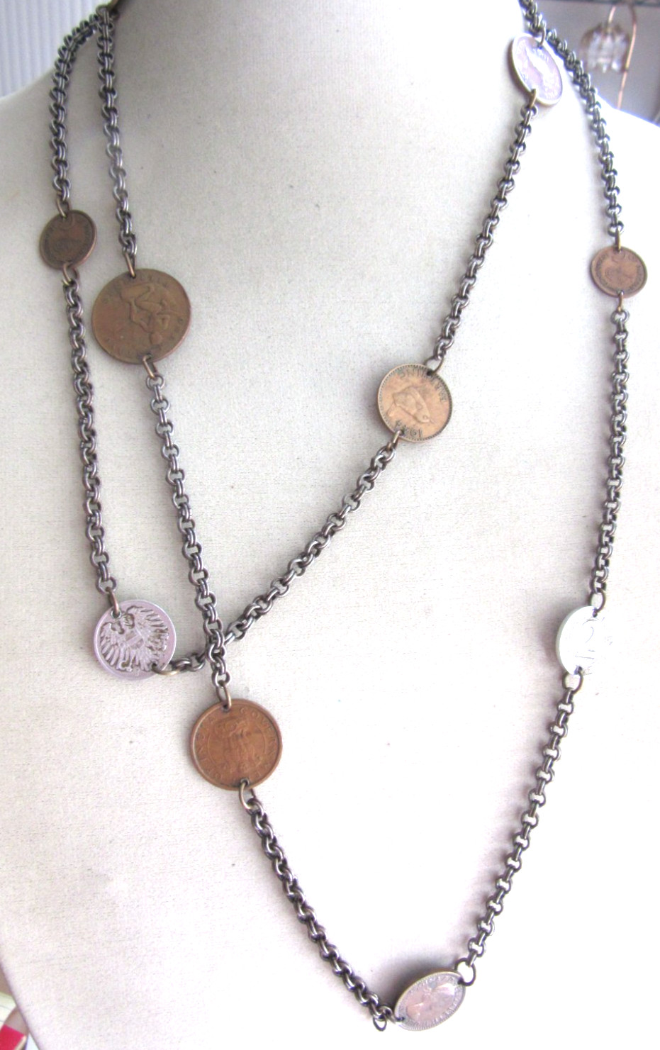 Vintage Travel 1950s Coins stations 54″ long chain necklace with 11 coins