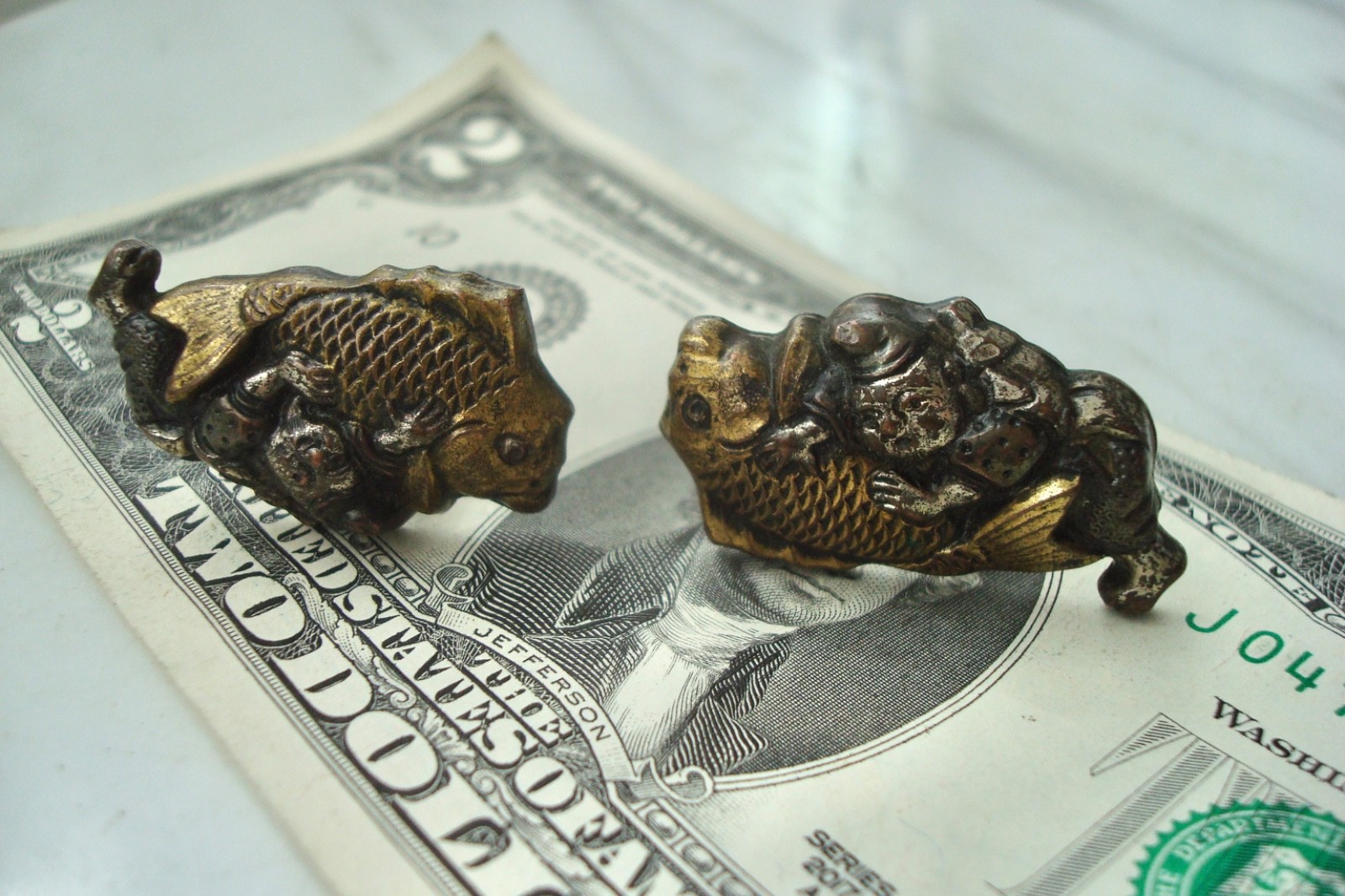 Vtg Menuki SHAKUDO Japanese Mixed Metal Sterling SILVER KOI Figural CUFFLINKS
