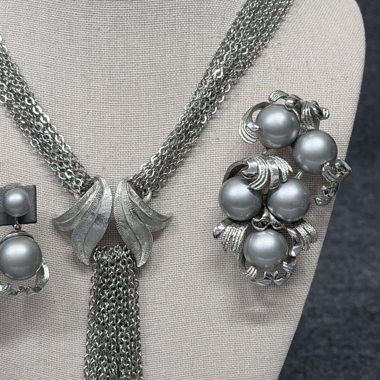 Vintage Tassel Necklace Multi Chain Gray Faux Pearl Clip Earrings Brooch Set