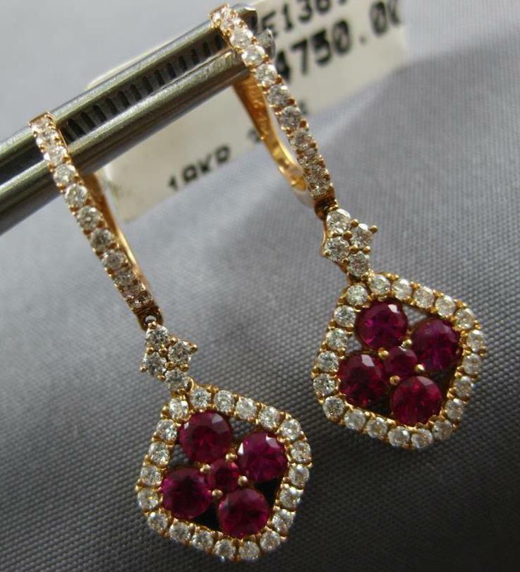 1.74CT DIAMOND & AAA RUBY 18K ROSE GOLD FLOWER SQUARE LEVERBACK HANGING EARRINGS