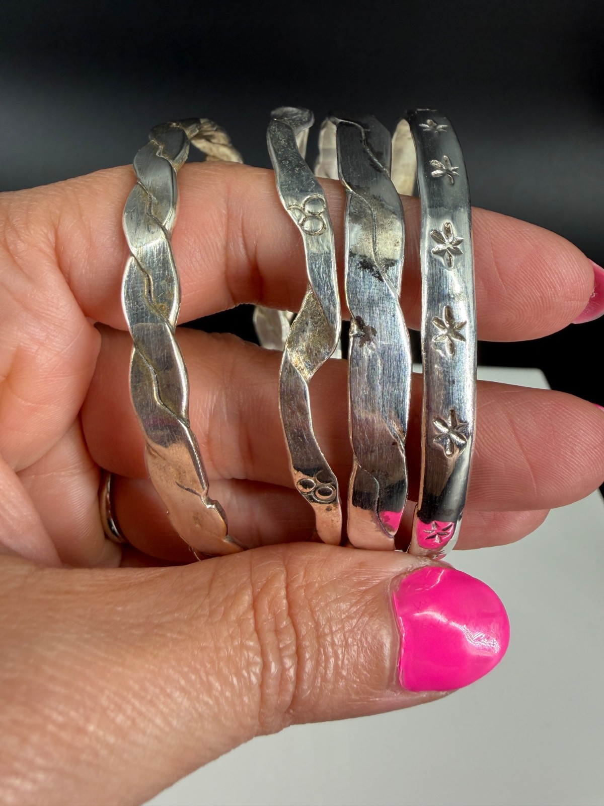 Vtg Sterling Silver Bangle Stack 4 Twist Etched Star Boho Bracelets Mexico 59g
