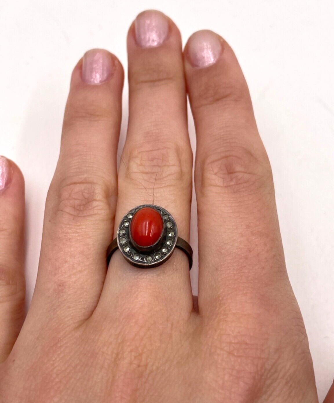 ANTIQUE ART DECO GENUINE CORAL CABOCHON ITALY STERLING SLVR RING MARCASITE HALO