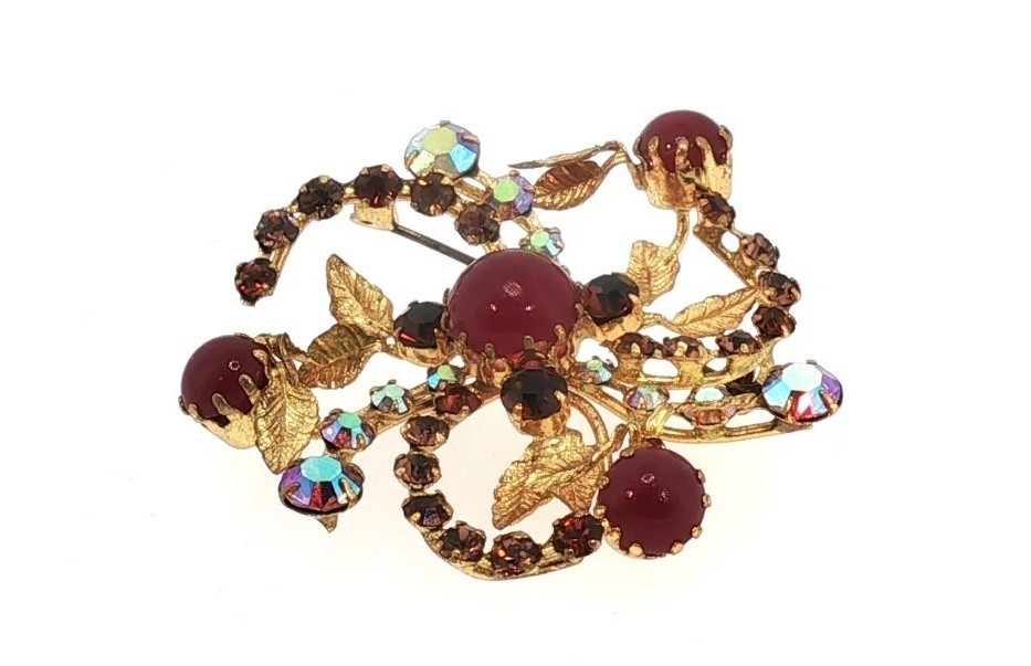 Vintage 1950s Austrian Red Cabochon Brooch — Layered Floral Spray