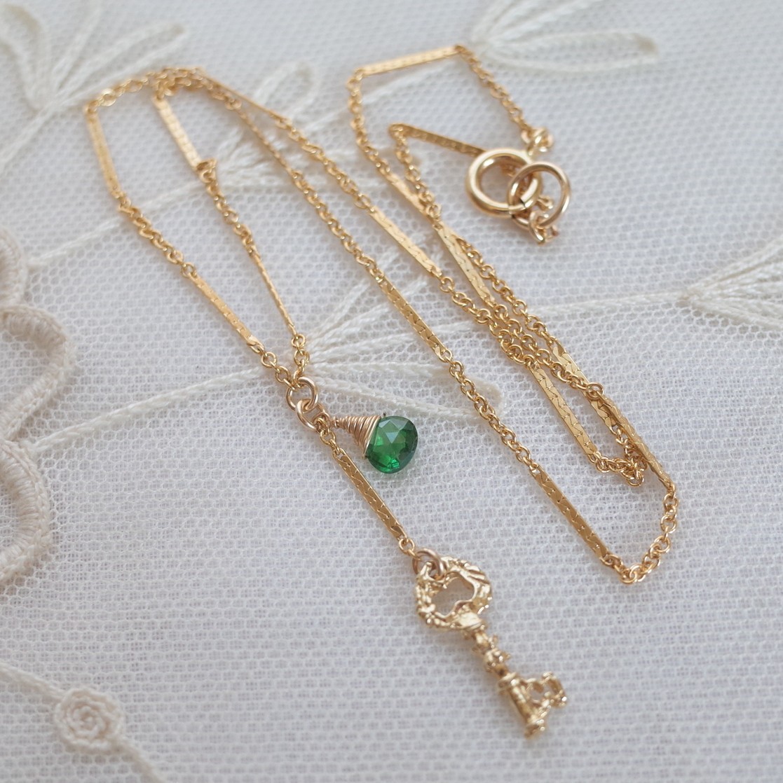 Emerald Green Crystal & Vermeil Key Necklace 14K Gold Filled Bar Link Chain
