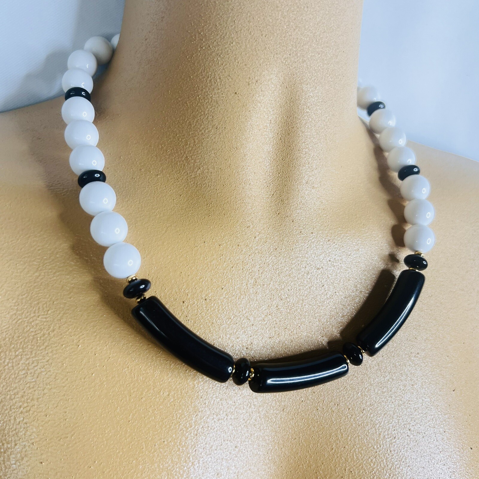 Vintage Monet Necklace White Black Gold Lucite Beads Beaded PRETTY 18” 4674