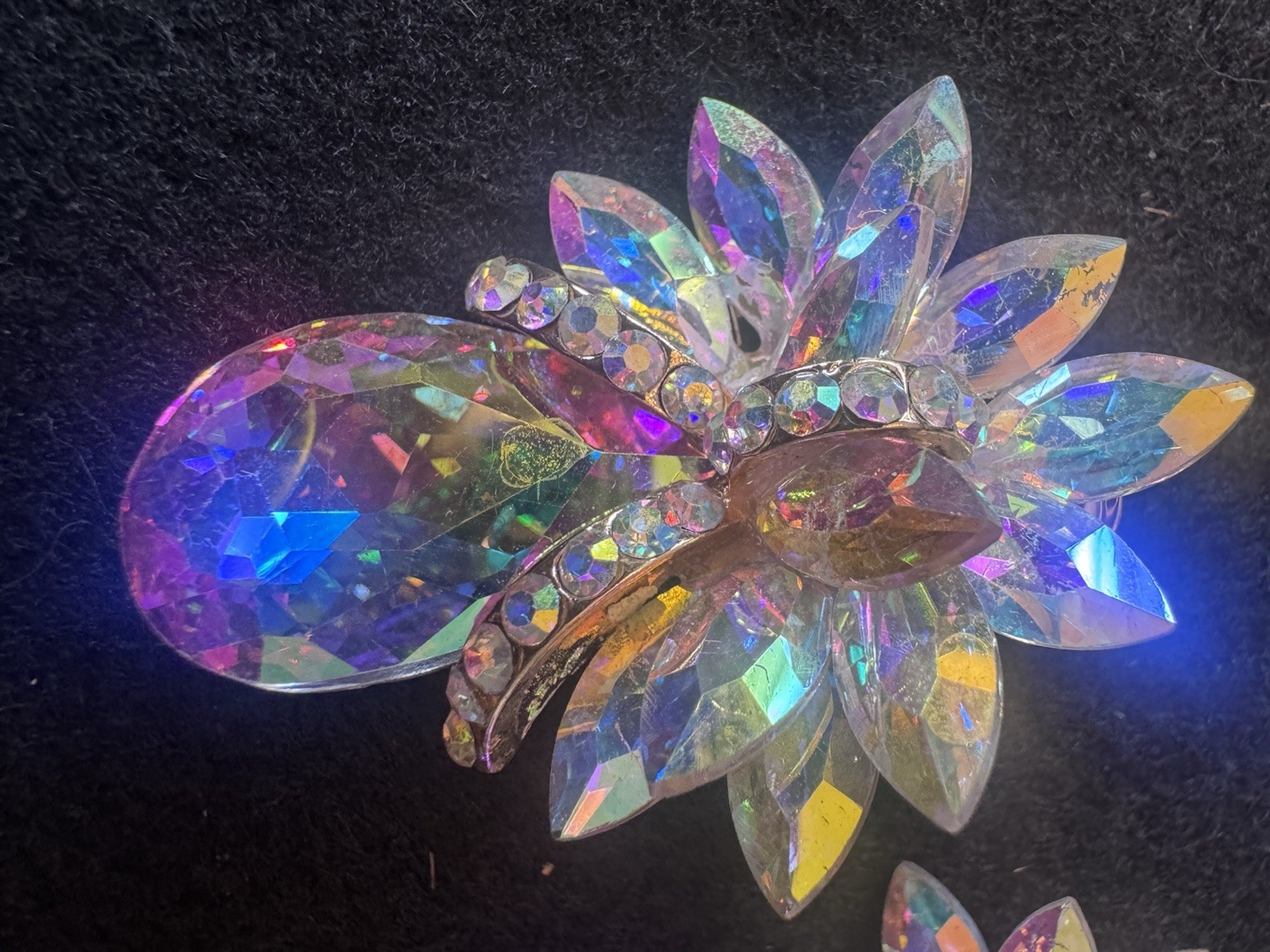 Vintage Aurora Borealis Rhinestone Earrings AB Crystal Floral Unbranded Clip On