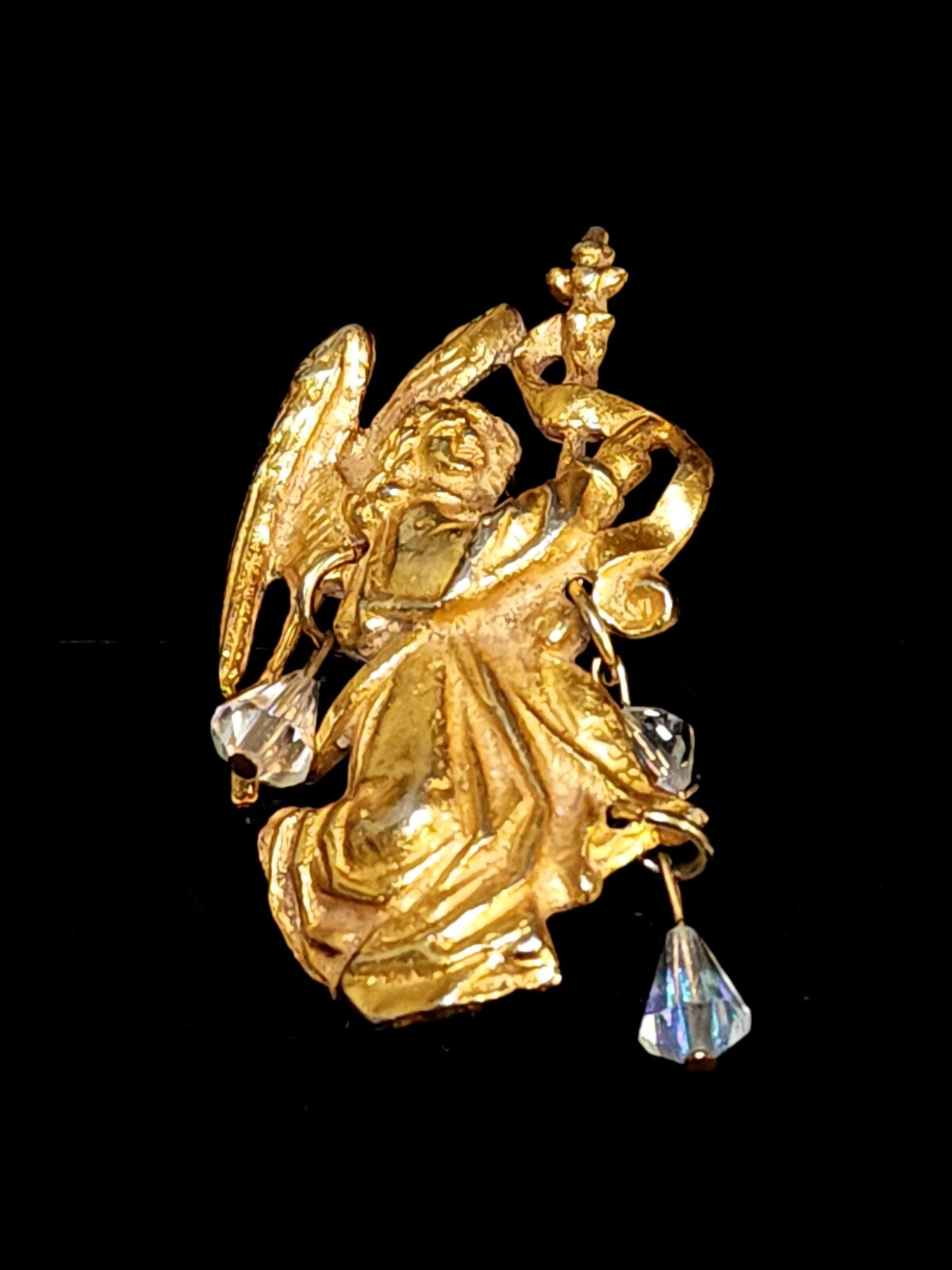 Vintage Alva Museum Signed Replica Gold Toned Angel Brooch Pin with Crystals
