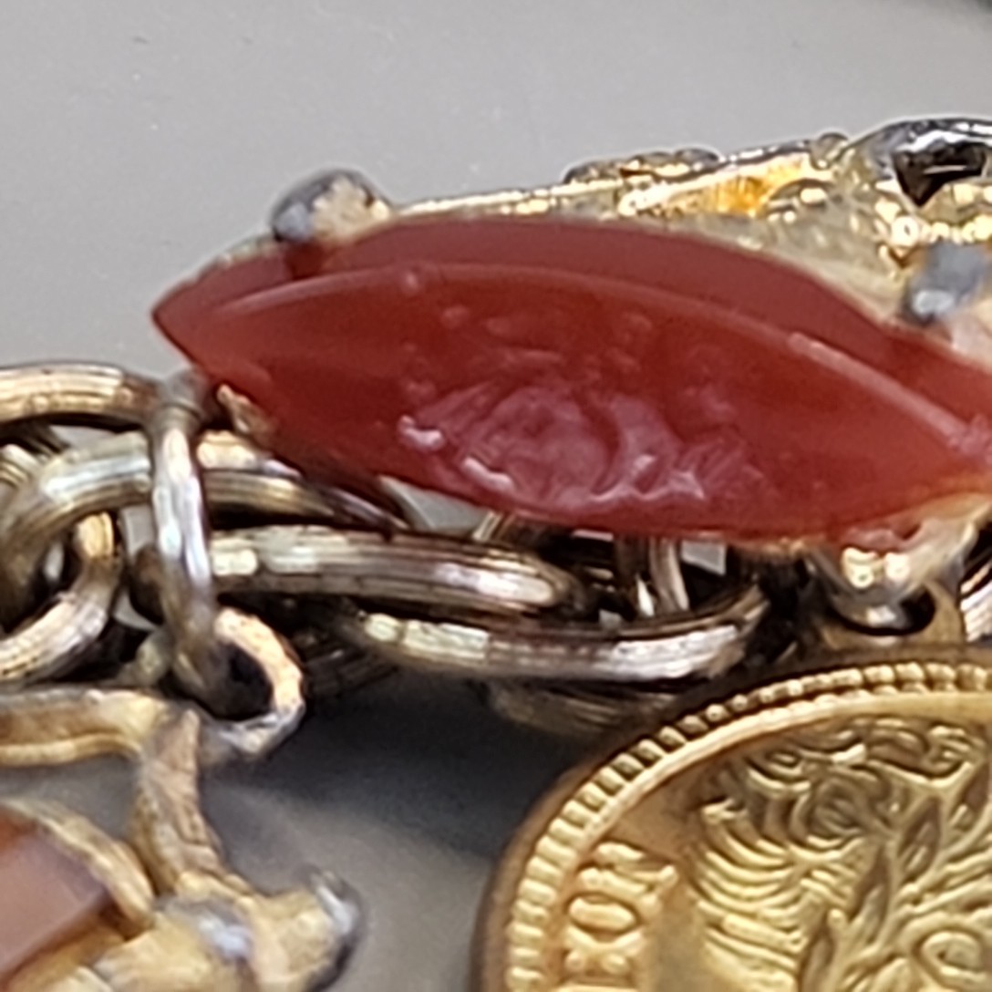 Vintage Intaglio Charm Coin Bracelet Carnelian Signet 7″ Signet Gold Tone Worn