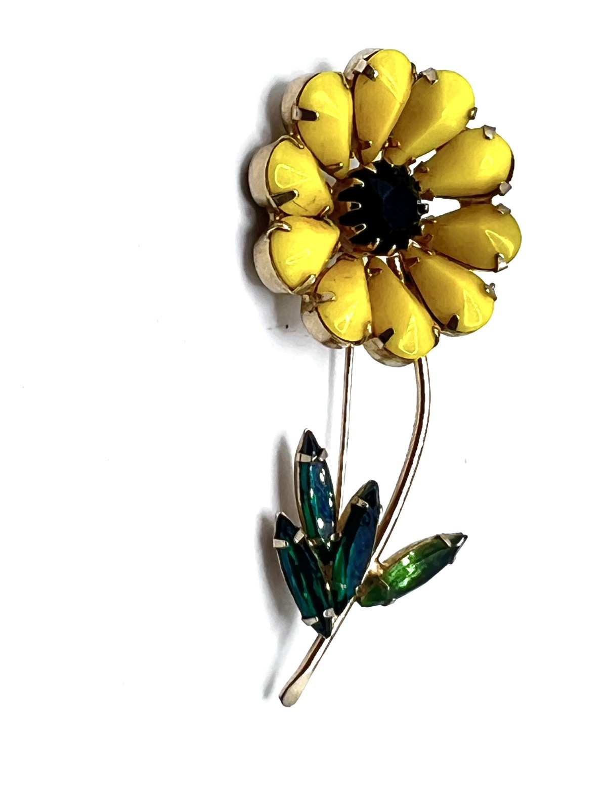 VTG WEISS unsigned Yellow Flower Green Black Rhinestones Gold tone Brooch Pin