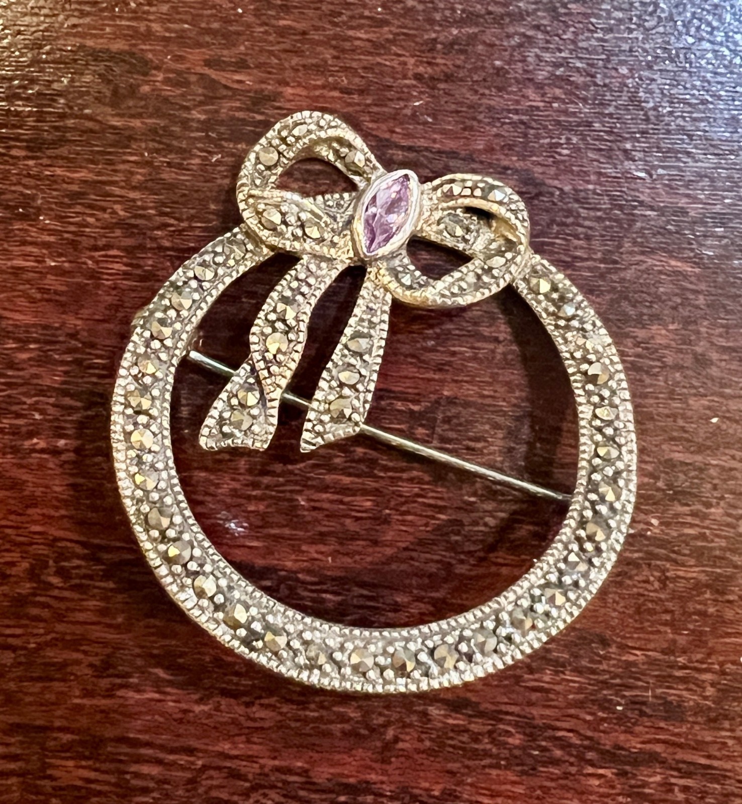 Vintage Sterling 925 Marcasite Circle with Bow Brooch Pin Purple 2-3/8 Inches