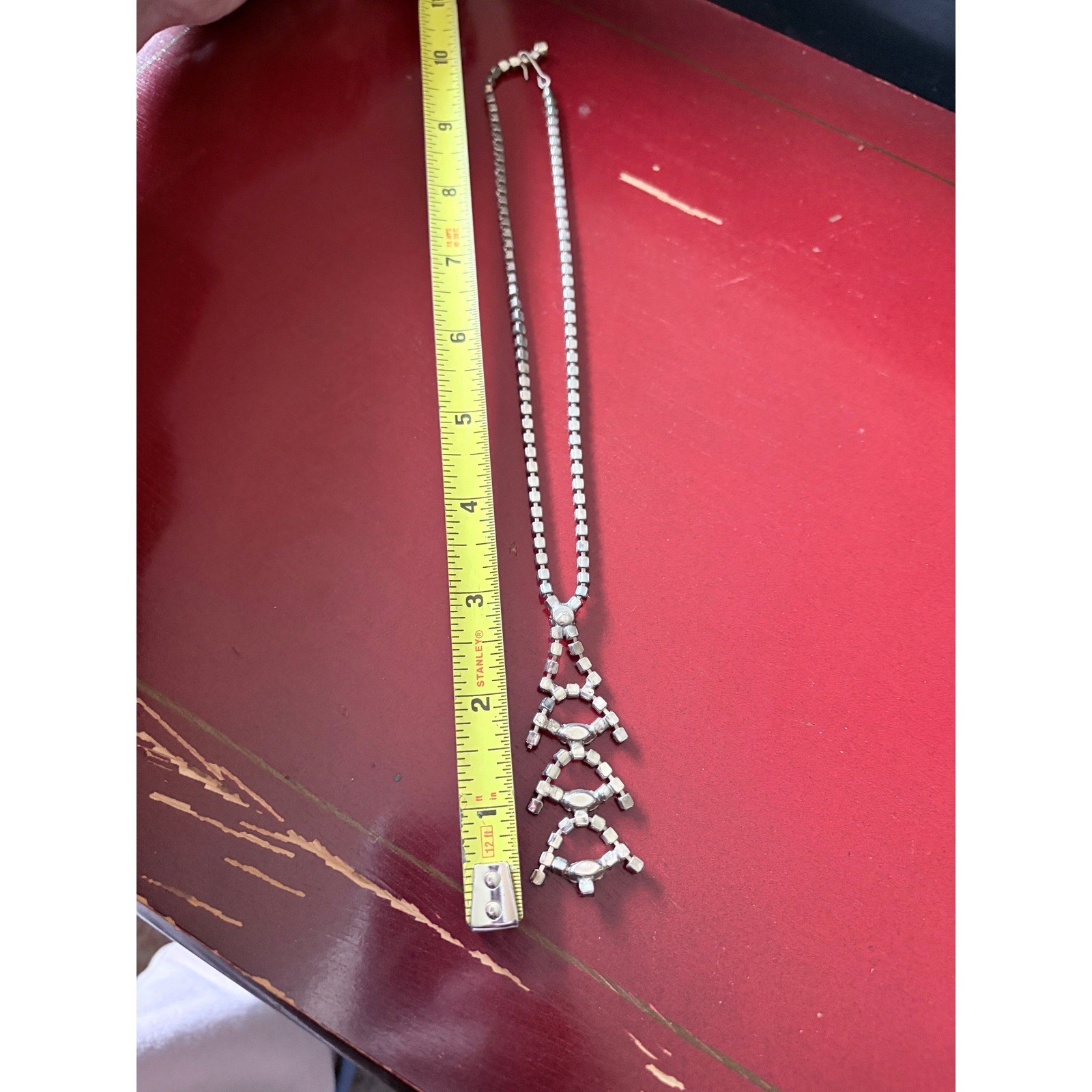 Vintage Rhinestone Geometric Pendant Necklace Stacked Lozenge Drop 14″ Prom 50s