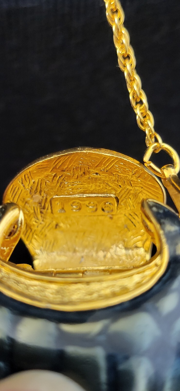 Vintage Enamel Purse Necklace stamped 1990 Goldtone & Blue