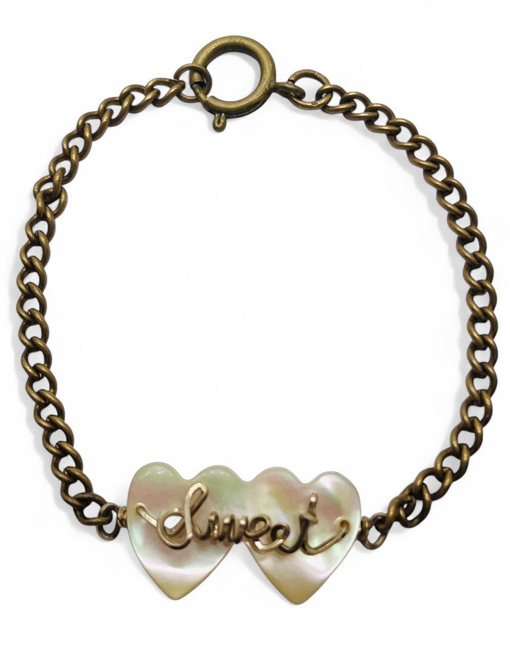 Vintage WWII Era Script Sweetheart Heart Bracelet GF Gold Filled & Antiqu Brass