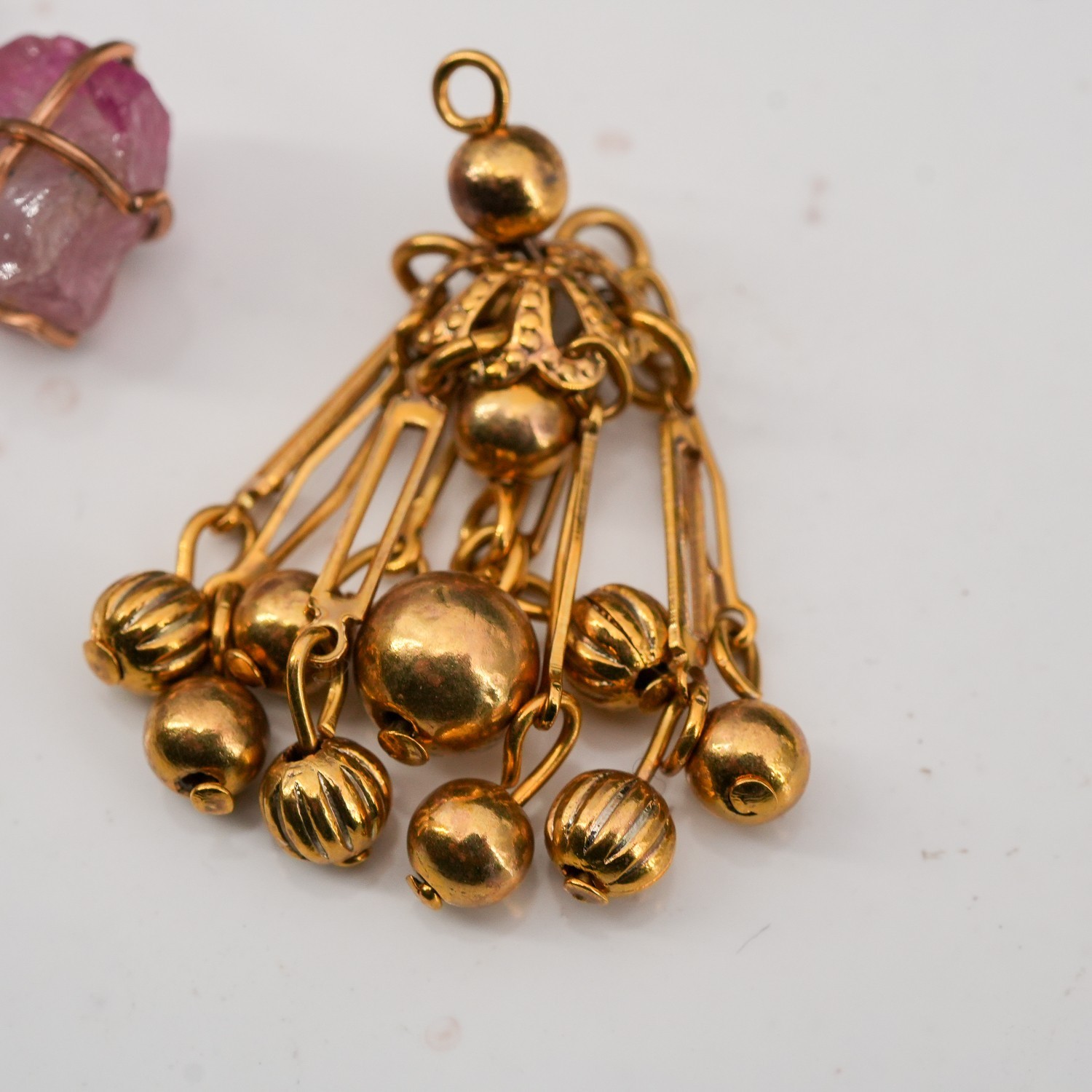 Vintage Raw Gemstone Charm Bracelet Lot | Pearl Bar Brooch & Brass Ball Pendant