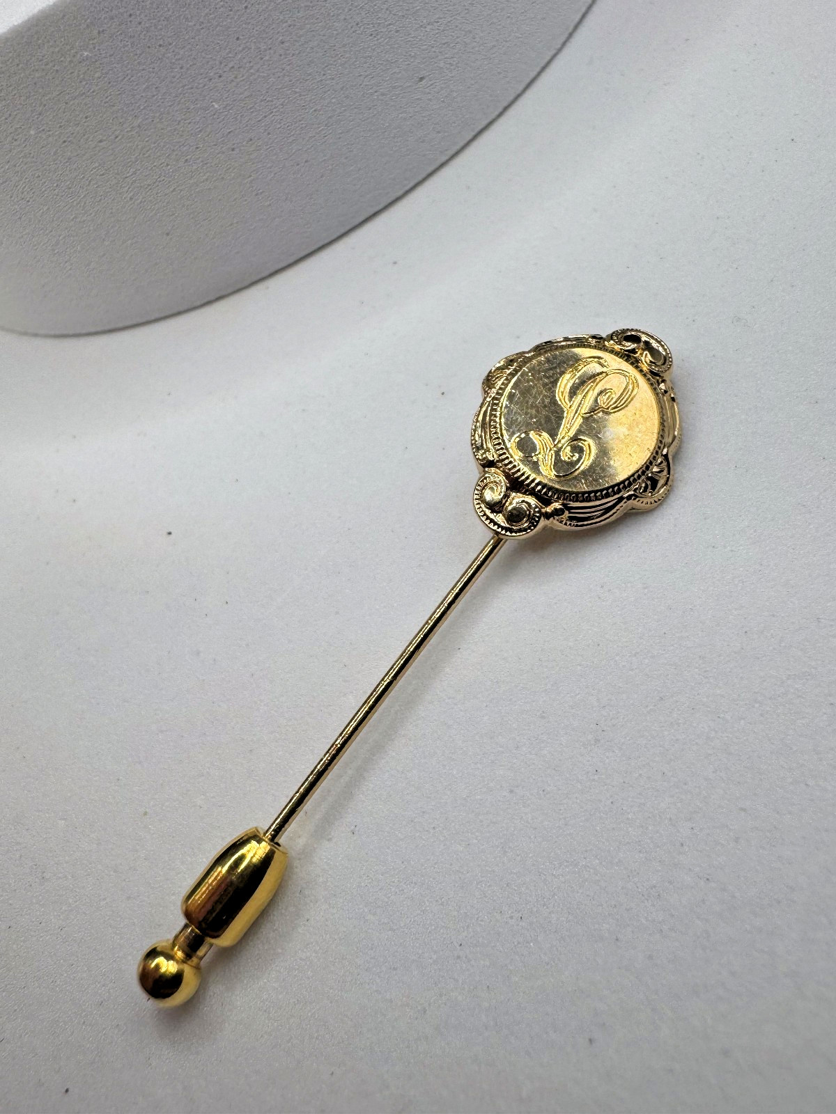 Vintage Gold Tone Ornate Monogram Letter P L Stick Pin Tie Lapel Victorian Style