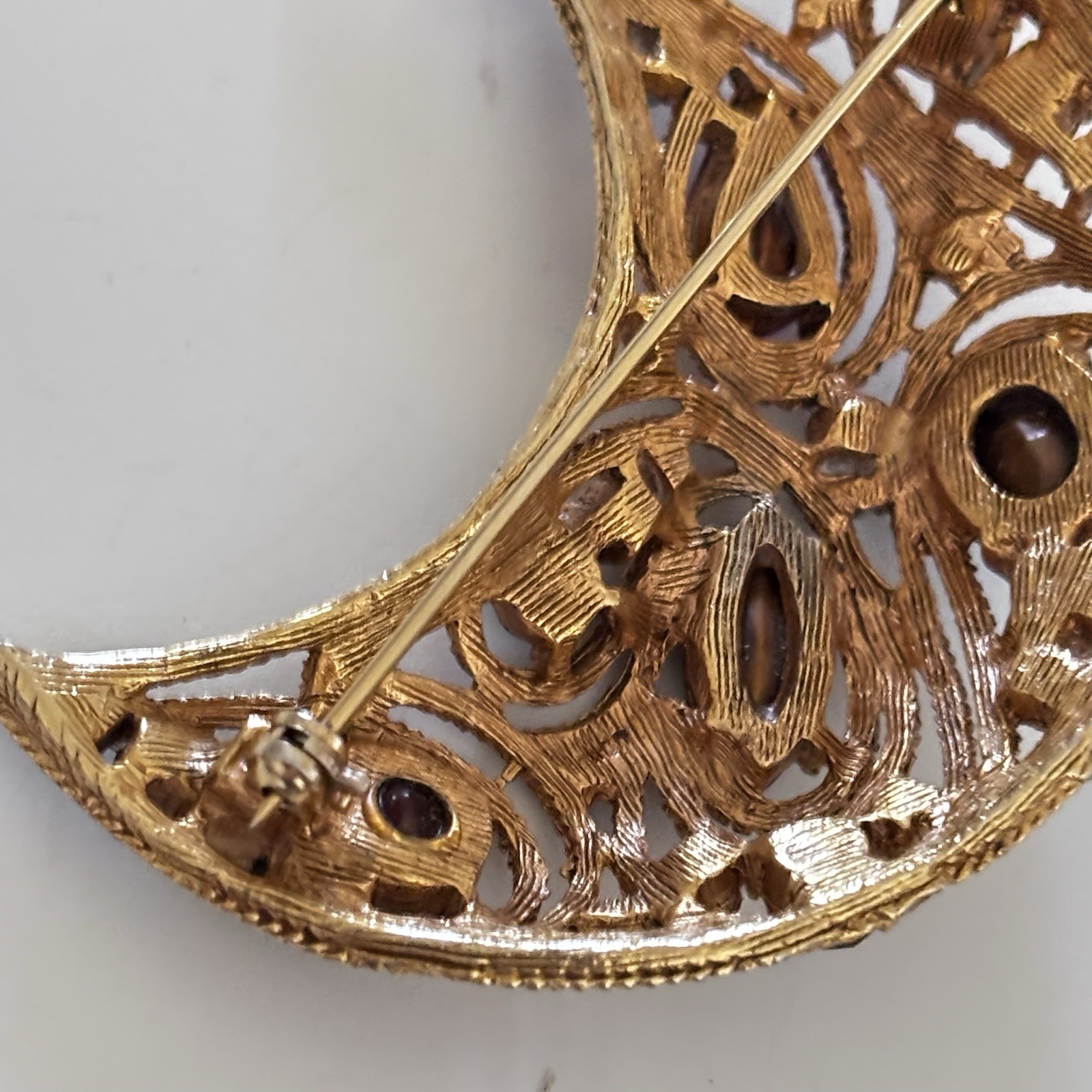 LaRoco Attributed 1950s Moon Brooch Colorful Gold Tone Rhinestones Florenza?