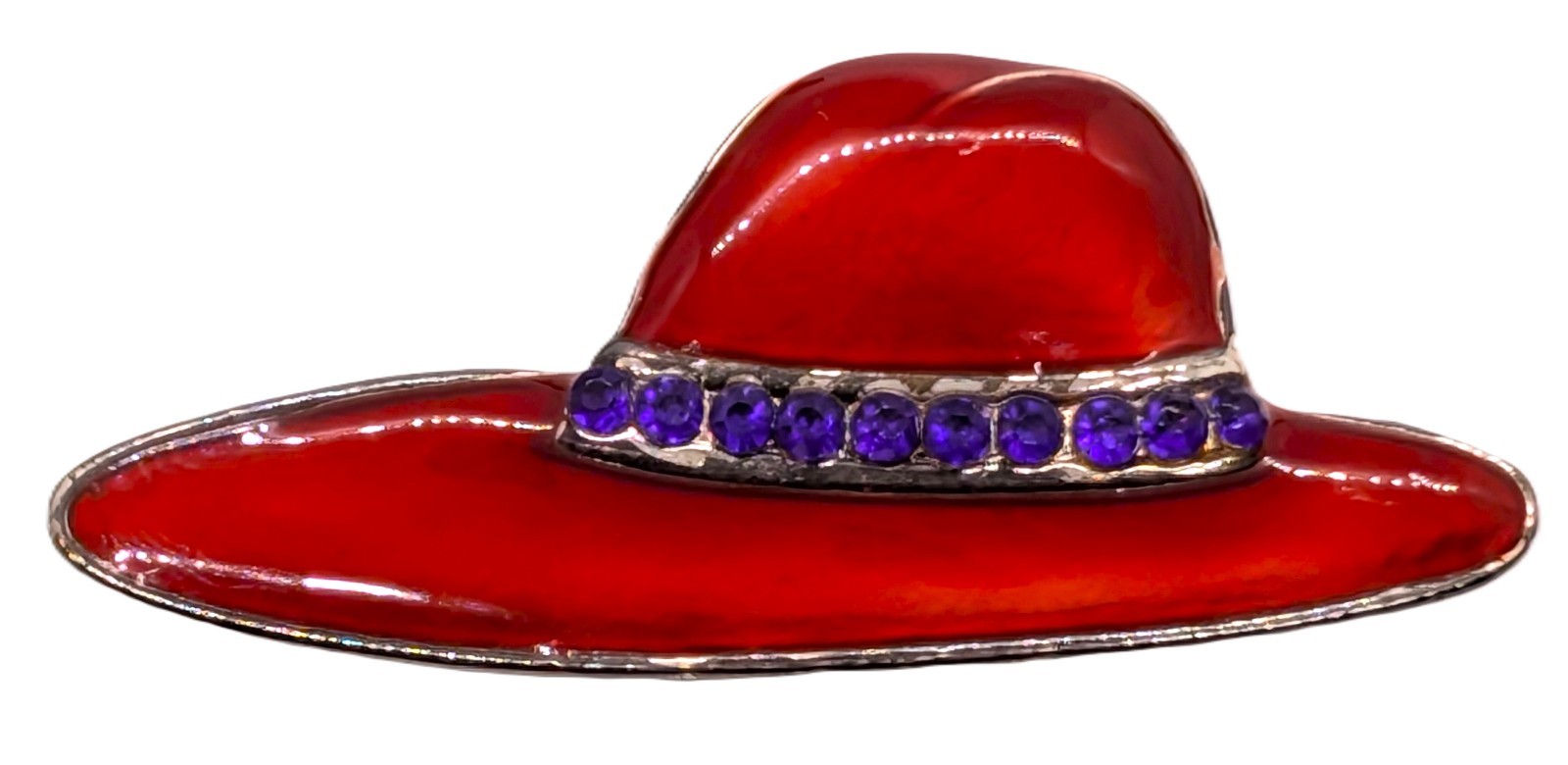 Vintage Red Hat Society Set of Two Red Enamel Purple Rhinestone Ribbon Brooches