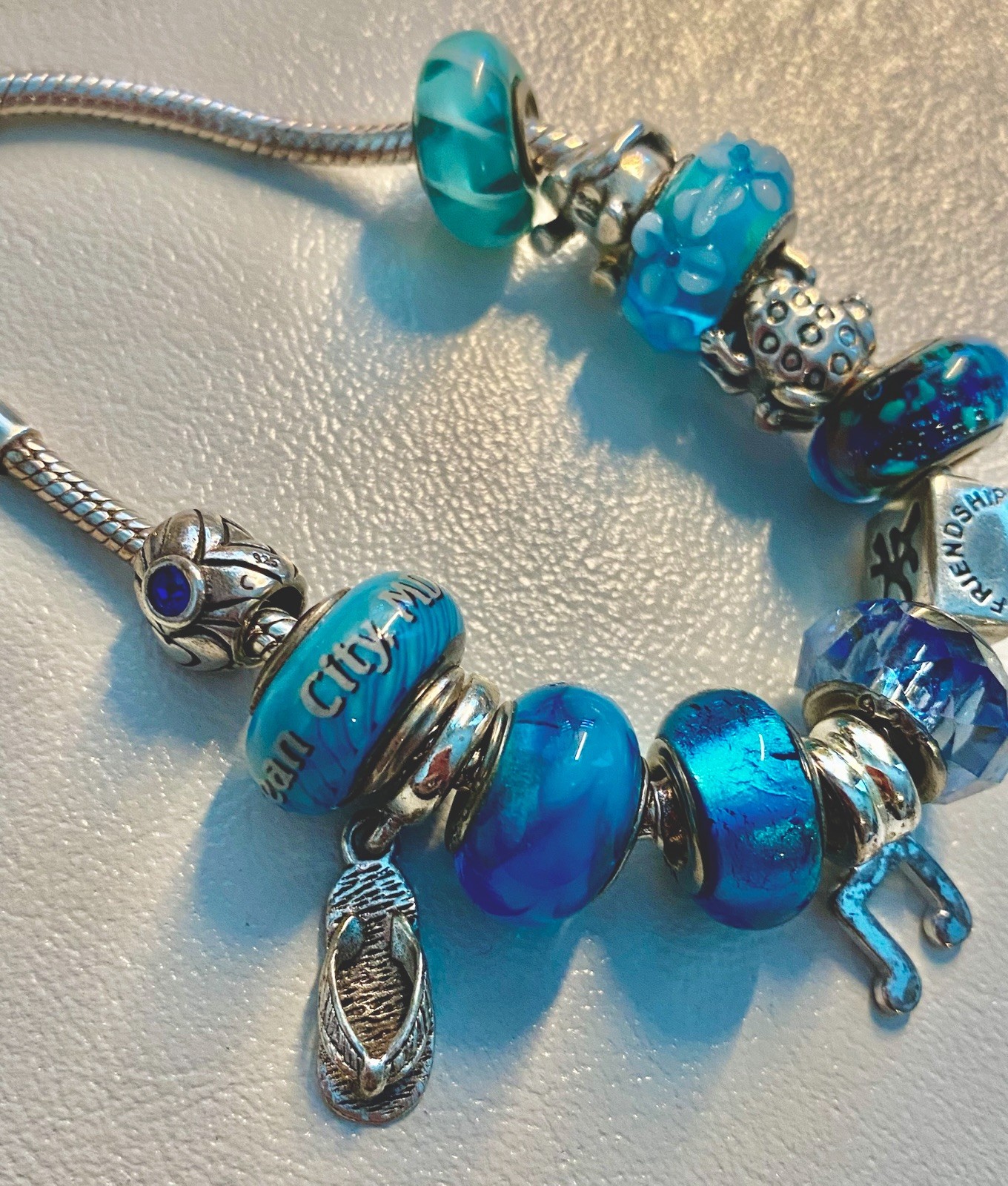 14 Blue + Mixed Makers Sterling Silver Slide Charms Bracelet Ocean Beach