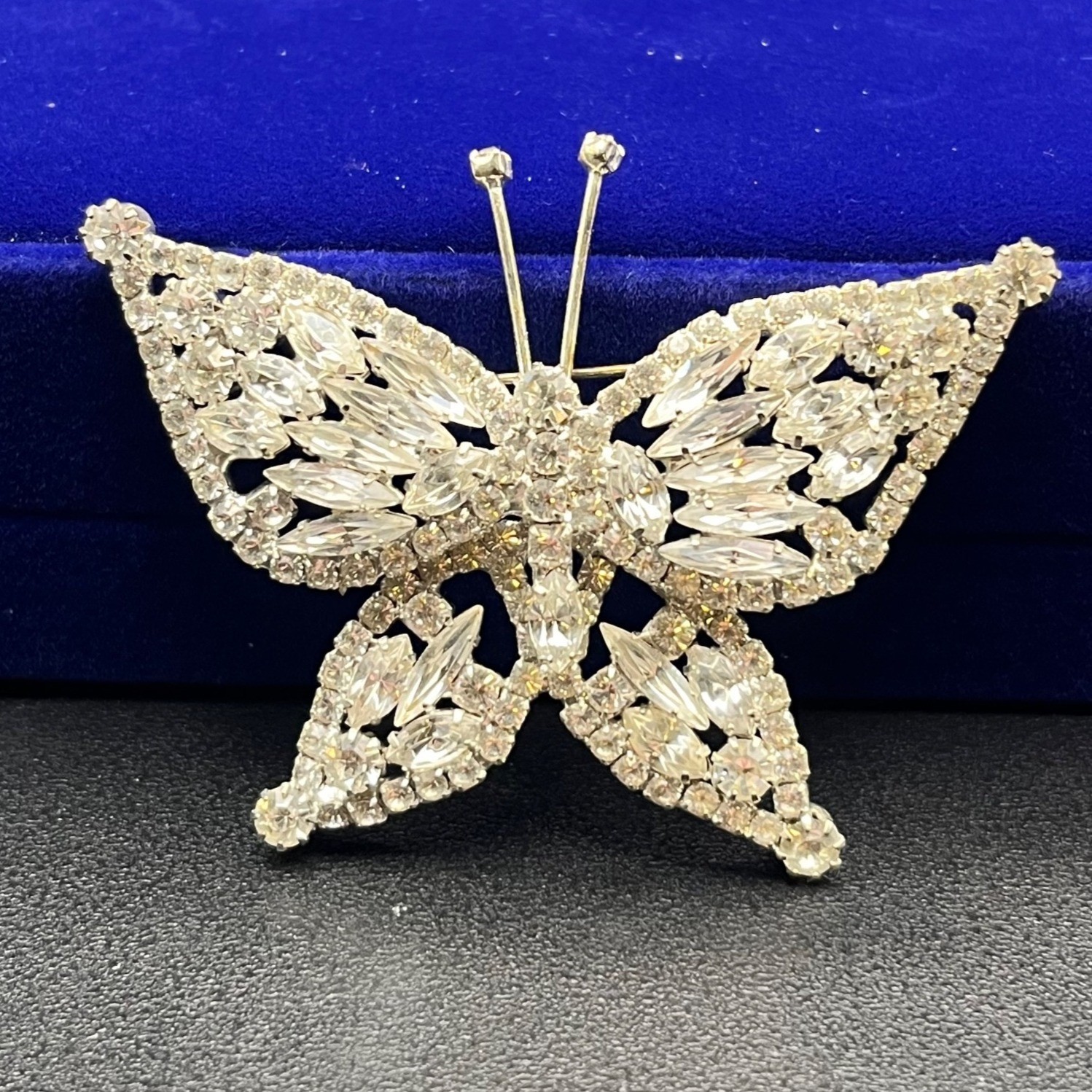 Mid Century Rhinestone Butterfly Brooch Silver Tone Navette Wings