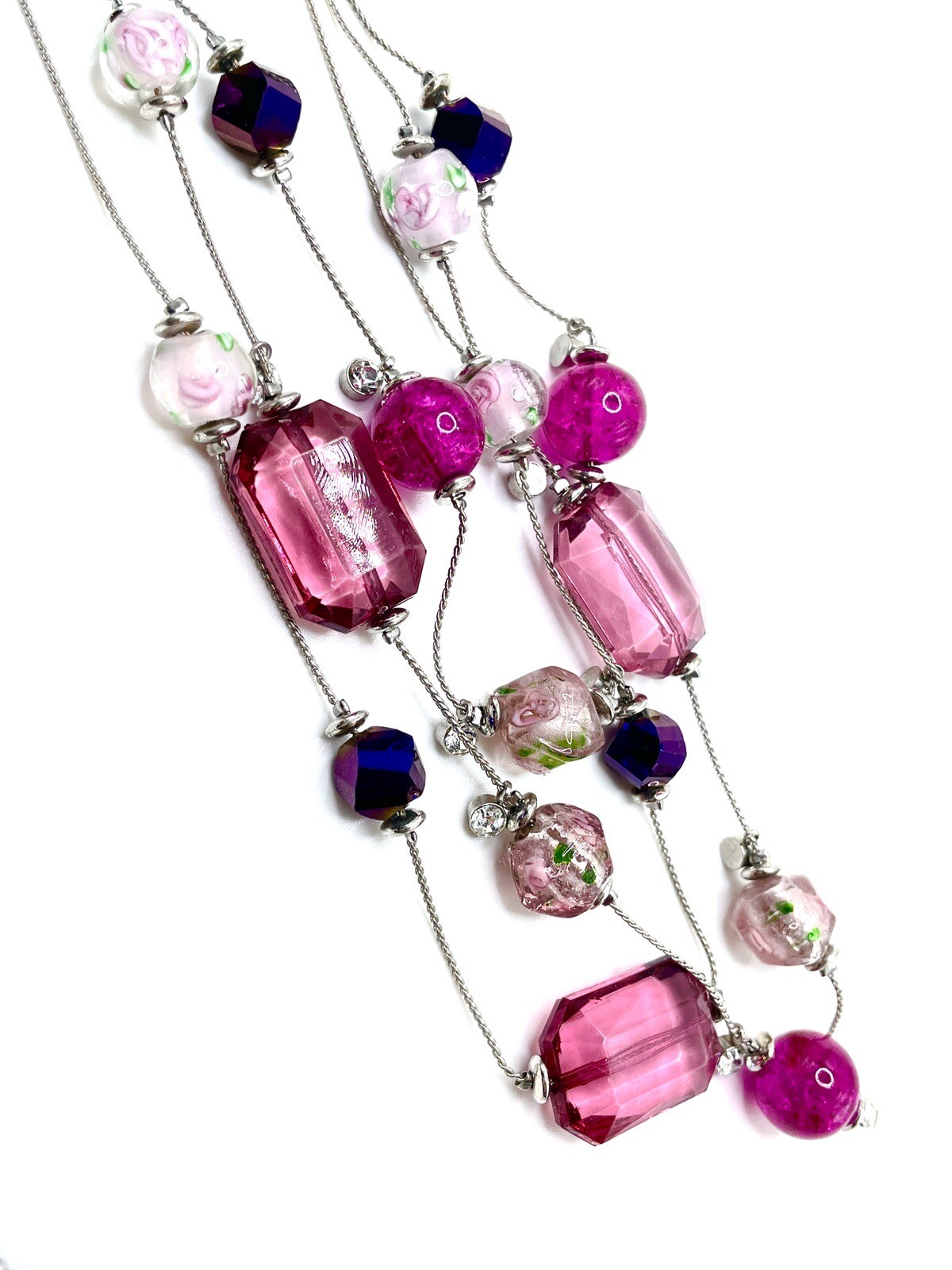 Murano Sommerso Venetian Pinks Purples Rose Three Strand Necklace Vintage Unique